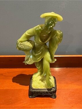 Green Jade statue sculpture hand carved old man No walking stick